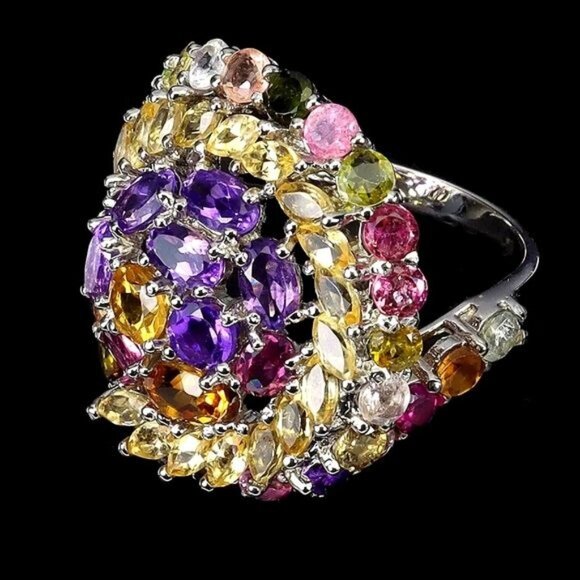 Natural‎ Oval Citrine 6x4mm & Tourmaline Gems 925 Sterling Silver Ring Sz 9 - Picture 3 of 3